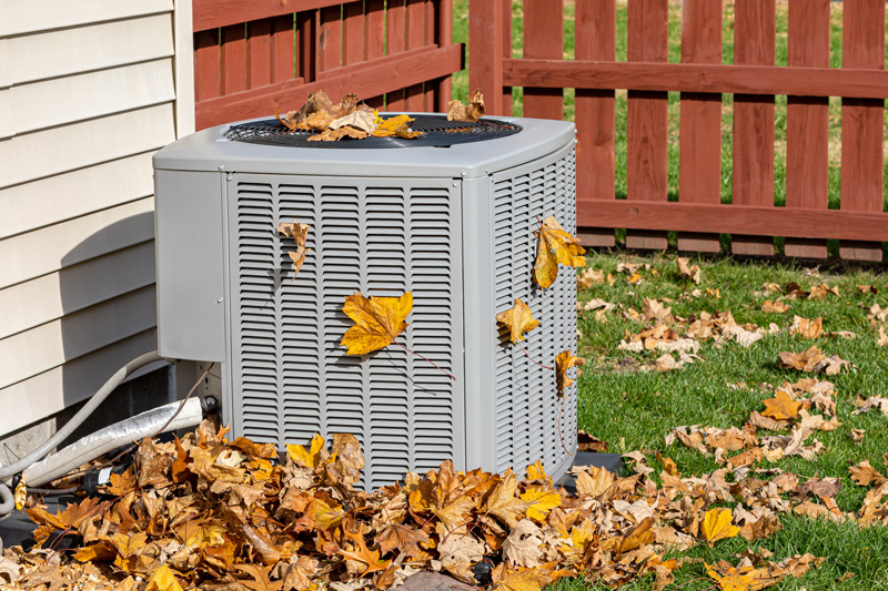Air conditioner covered in autumn leaves.
